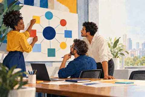 Equipe de projetos em Alagoas organiza entregas e prioridades em um quadro.
