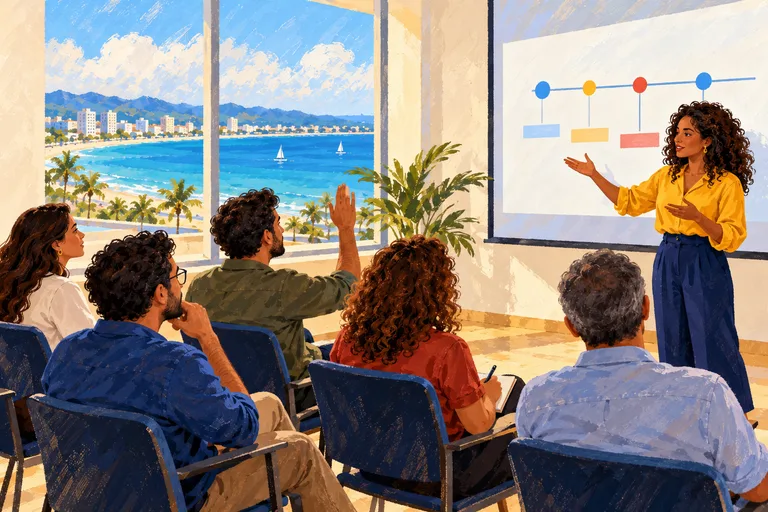 Ilustração de uma apresentadora e participantes trocando experiências em um encontro de gestão de projetos